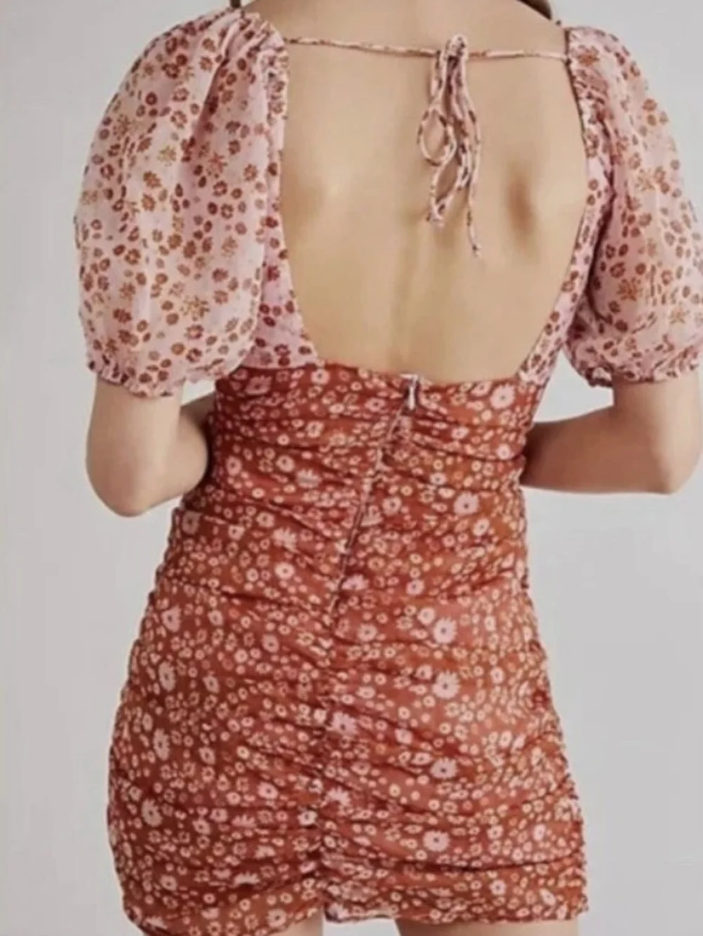 EUC...Free People Tessa Floral Puff Sleeve Ruched Mini Dress Size S - Picture 5 of 8